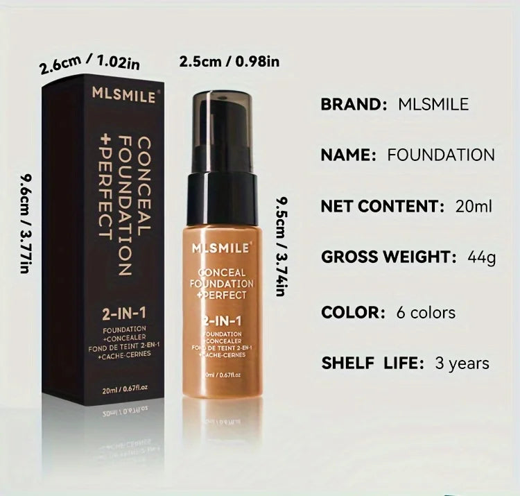 2-In-1 Oil Control Liquid Foundation And Conceal, Full Coverage Long Lasting Waterproof, Hydrating And Brightening Concealer