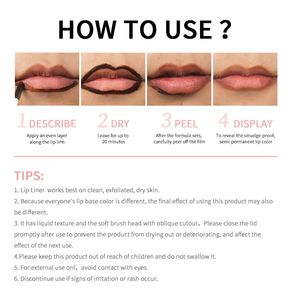 Peel Off Lip Liner Waterproof Long Lasting Liquid Lip Stick Lasting Makeup Liquid lipliner Containing Hyaluronic Acid Vitamin E