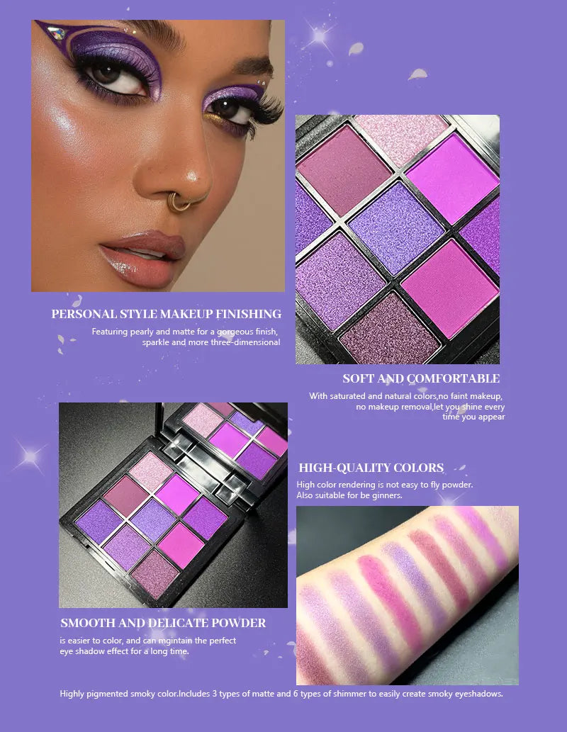 9 Colors Glitter Eyeshadow Palette Purple Shimmer Pearlescent Matte Acrylic Eye Shadows Palette Waterproof Eye Make Up