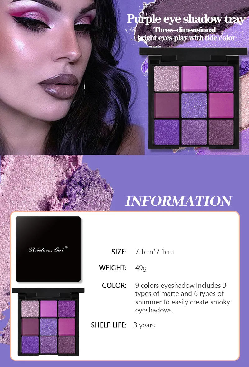 9 Colors Glitter Eyeshadow Palette Purple Shimmer Pearlescent Matte Acrylic Eye Shadows Palette Waterproof Eye Make Up