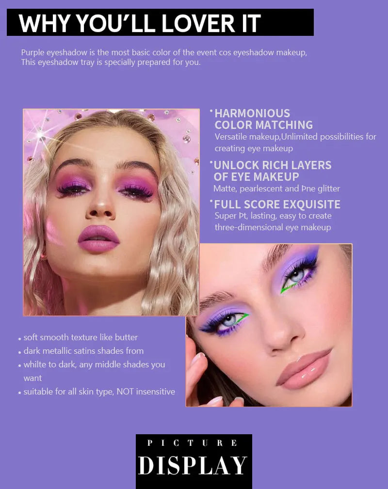 9 Colors Glitter Eyeshadow Palette Purple Shimmer Pearlescent Matte Acrylic Eye Shadows Palette Waterproof Eye Make Up