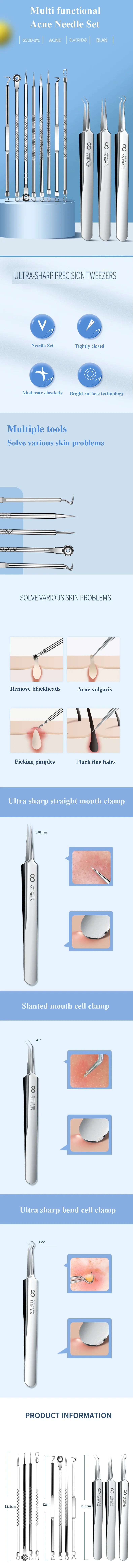 4-11Pcs Ingrown Hair Tweezers Acne Blackhead Removal Needles Black Dots Cleaner Deep Cleansing Pore Cleaner Face Skin Care Tools
