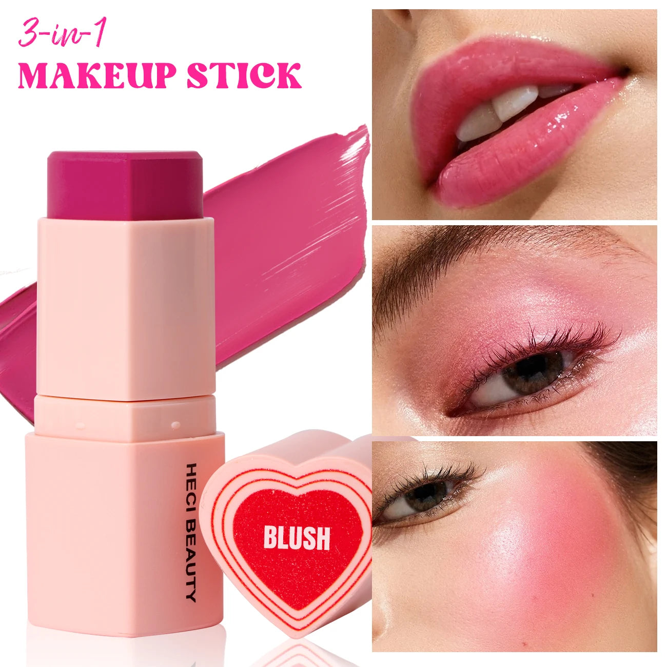 Heart Shape Vegan Creamy Blush Stick Matte Silky Waterproof Pink Blush Cream Makeup Stick High Pigment  3in1 Lip Eye Cheek Tint