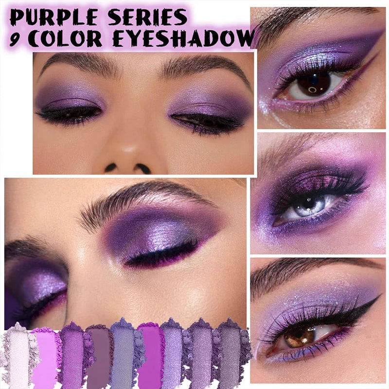 9 Colors Glitter Eyeshadow Palette Purple Shimmer Pearlescent Matte Acrylic Eye Shadows Palette Waterproof Eye Make Up