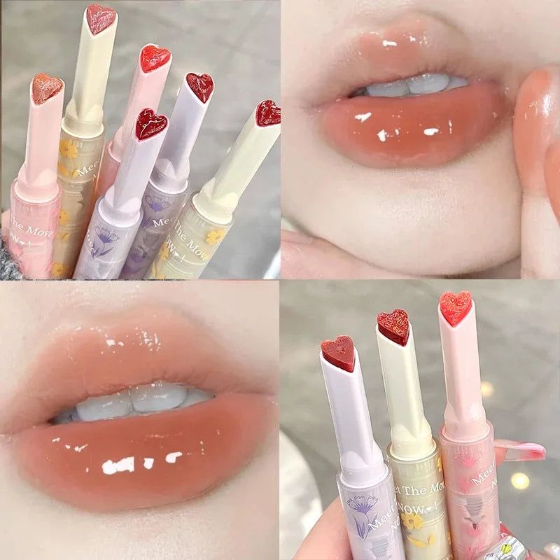 Clear Water Light Solid Lip Gloss Jelly Pink Lip Tint Mirror Glass Lip Glaze Heart-shaped Moisturising Lipstick Pencil Makeup