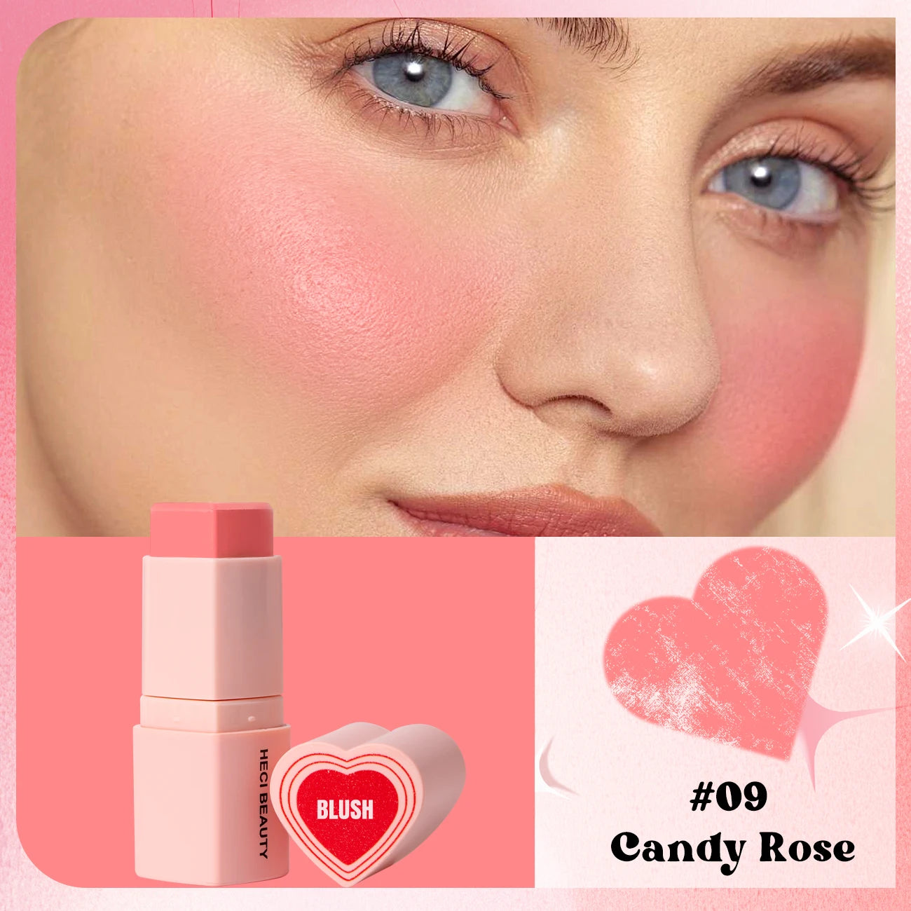 Heart Shape Vegan Creamy Blush Stick Matte Silky Waterproof Pink Blush Cream Makeup Stick High Pigment  3in1 Lip Eye Cheek Tint