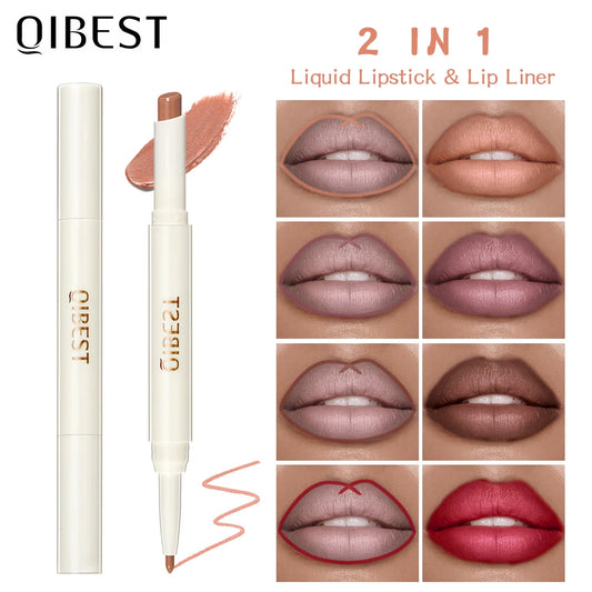 QIBEST 2 In 1 Matte Lipstick Pencil Waterproof Lip Liner Makeup Contour Tint Sexy Red Long Lasting Lipliner Lips Pencil Cosmetic