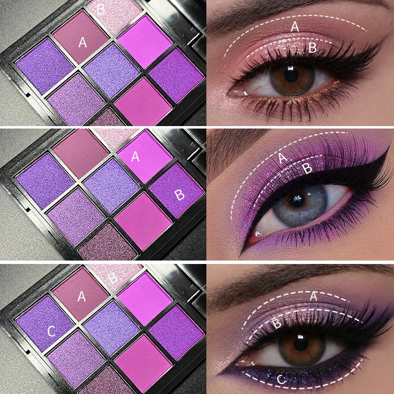 9 Colors Glitter Eyeshadow Palette Purple Shimmer Pearlescent Matte Acrylic Eye Shadows Palette Waterproof Eye Make Up