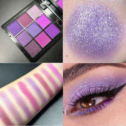 9 Colors Glitter Eyeshadow Palette Purple Shimmer Pearlescent Matte Acrylic Eye Shadows Palette Waterproof Eye Make Up