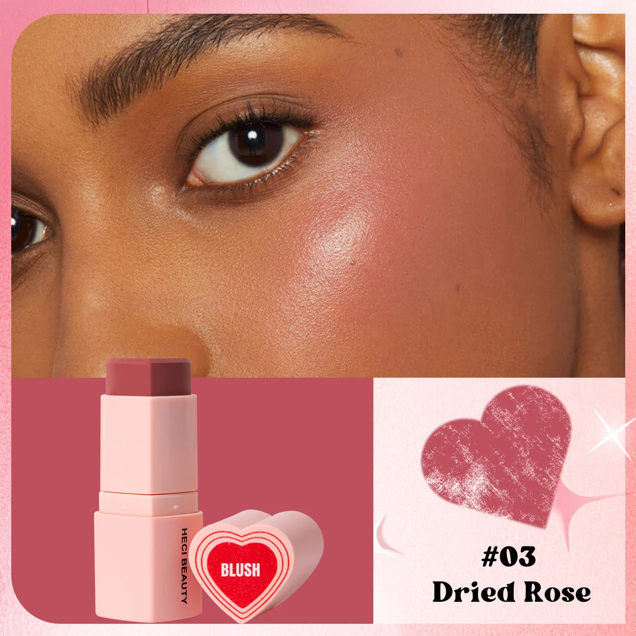 Heart Shape Vegan Creamy Blush Stick Matte Silky Waterproof Pink Blush Cream Makeup Stick High Pigment  3in1 Lip Eye Cheek Tint