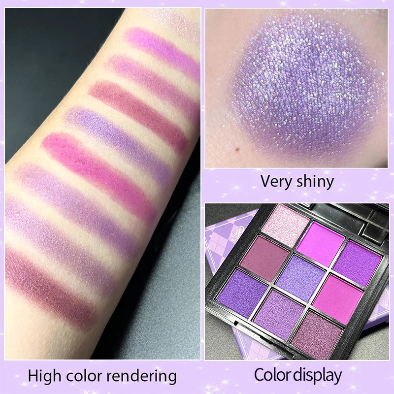 9 Colors Glitter Eyeshadow Palette Purple Shimmer Pearlescent Matte Acrylic Eye Shadows Palette Waterproof Eye Make Up