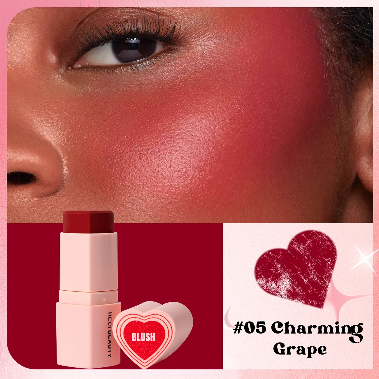 Heart Shape Vegan Creamy Blush Stick Matte Silky Waterproof Pink Blush Cream Makeup Stick High Pigment  3in1 Lip Eye Cheek Tint