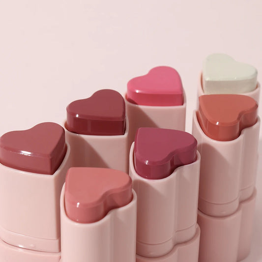 Heart Shape Vegan Creamy Blush Stick Matte Silky Waterproof Pink Blush Cream Makeup Stick High Pigment  3in1 Lip Eye Cheek Tint