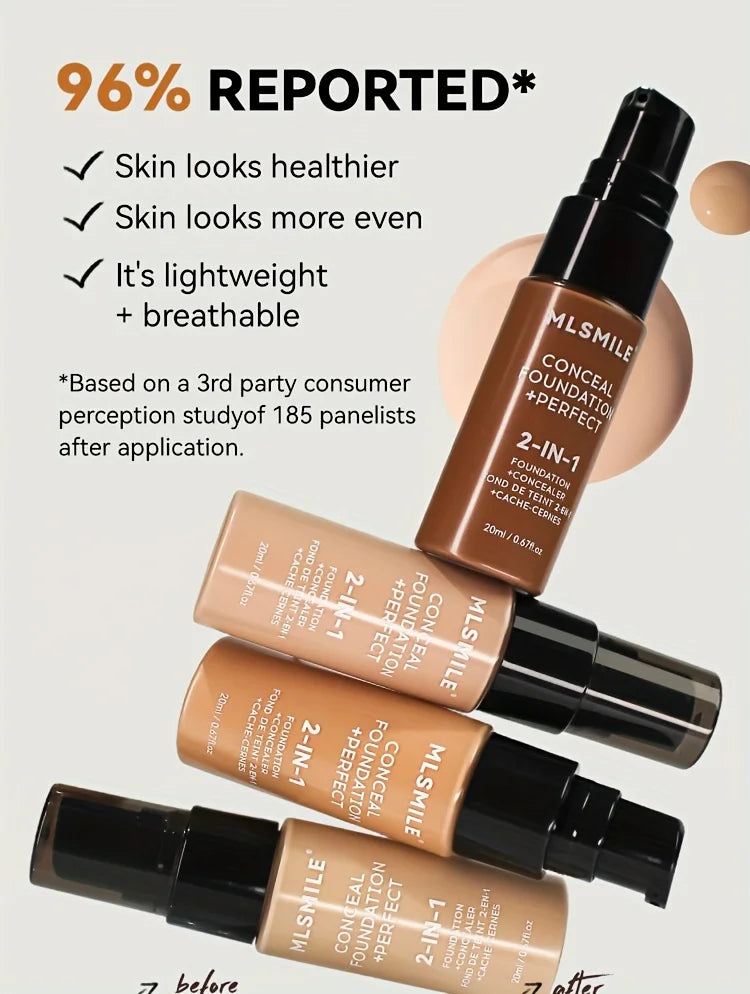 2-In-1 Oil Control Liquid Foundation And Conceal, Full Coverage Long Lasting Waterproof, Hydrating And Brightening Concealer
