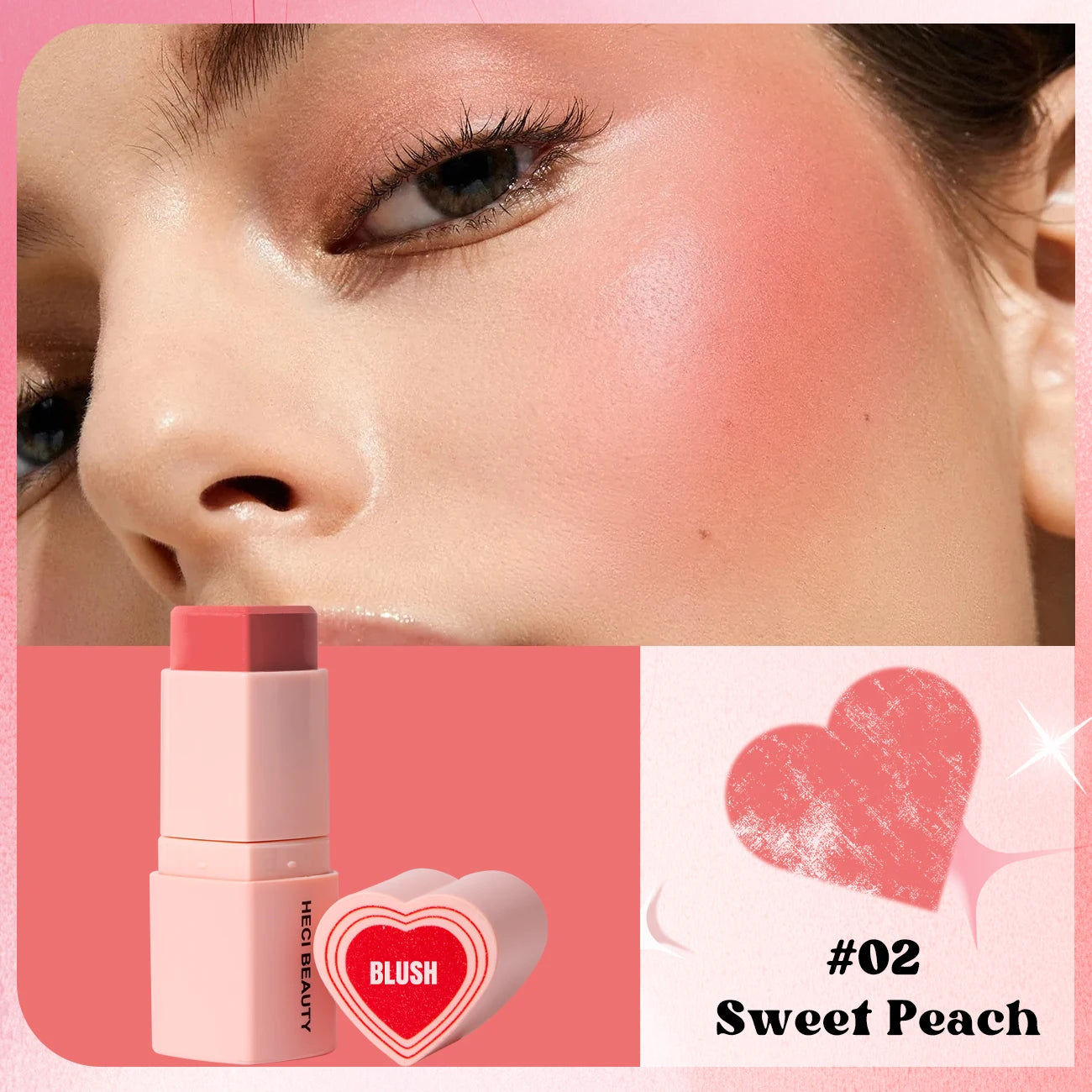 Heart Shape Vegan Creamy Blush Stick Matte Silky Waterproof Pink Blush Cream Makeup Stick High Pigment  3in1 Lip Eye Cheek Tint