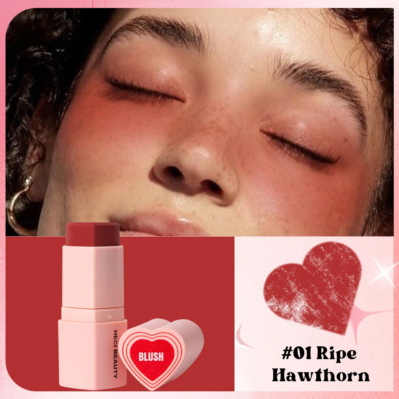 Heart Shape Vegan Creamy Blush Stick Matte Silky Waterproof Pink Blush Cream Makeup Stick High Pigment  3in1 Lip Eye Cheek Tint