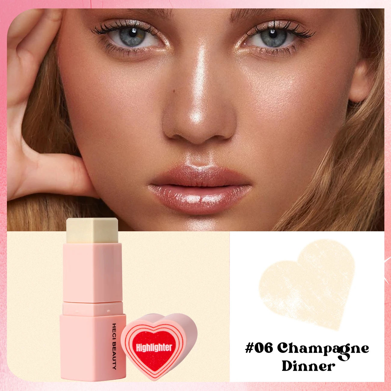 Heart Shape Vegan Creamy Blush Stick Matte Silky Waterproof Pink Blush Cream Makeup Stick High Pigment  3in1 Lip Eye Cheek Tint