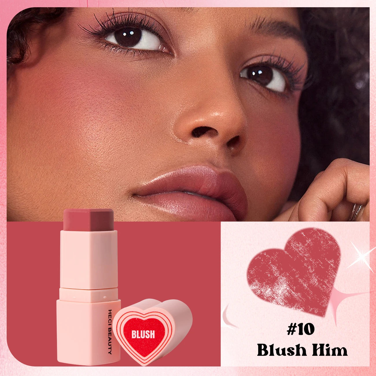 Heart Shape Vegan Creamy Blush Stick Matte Silky Waterproof Pink Blush Cream Makeup Stick High Pigment  3in1 Lip Eye Cheek Tint