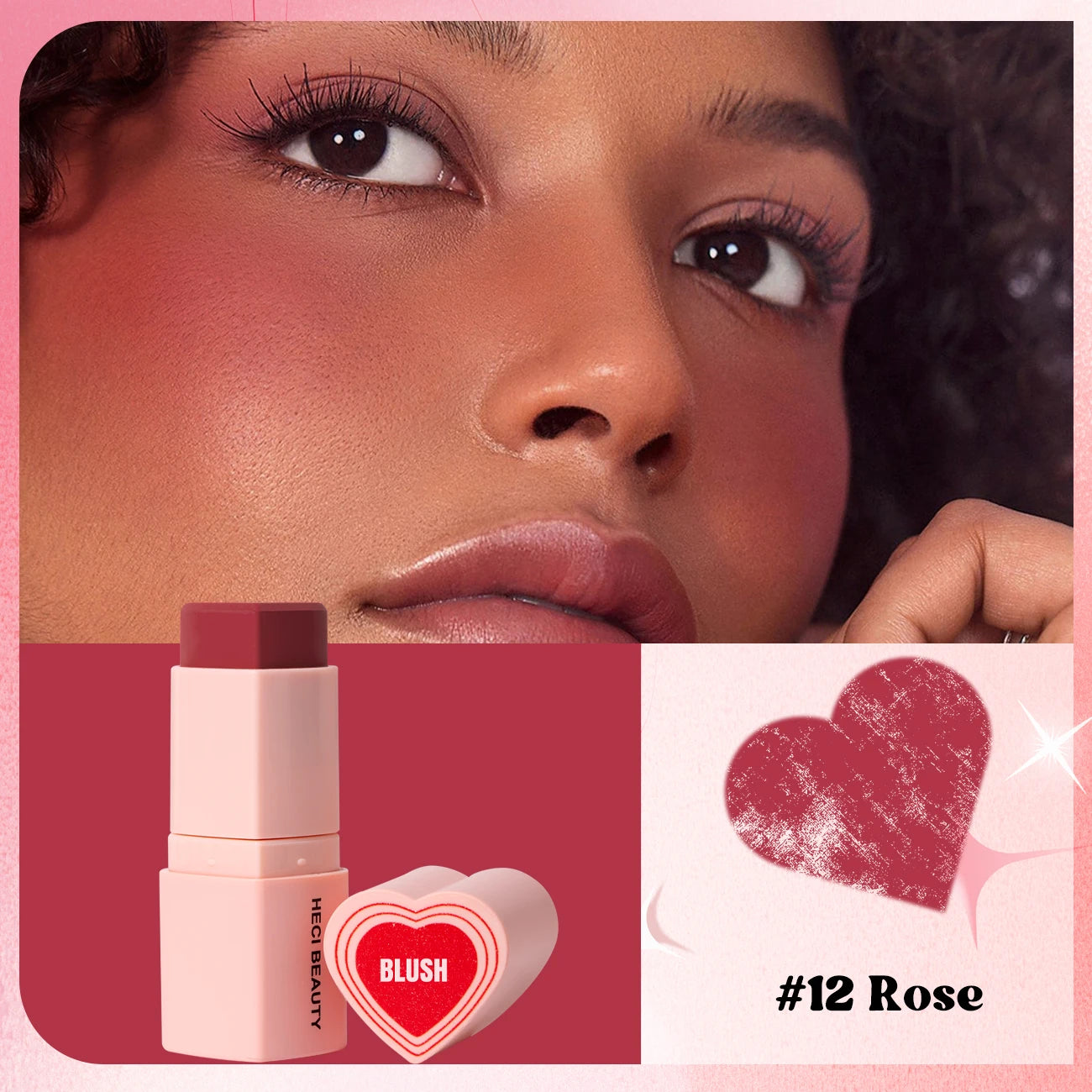 Heart Shape Vegan Creamy Blush Stick Matte Silky Waterproof Pink Blush Cream Makeup Stick High Pigment  3in1 Lip Eye Cheek Tint