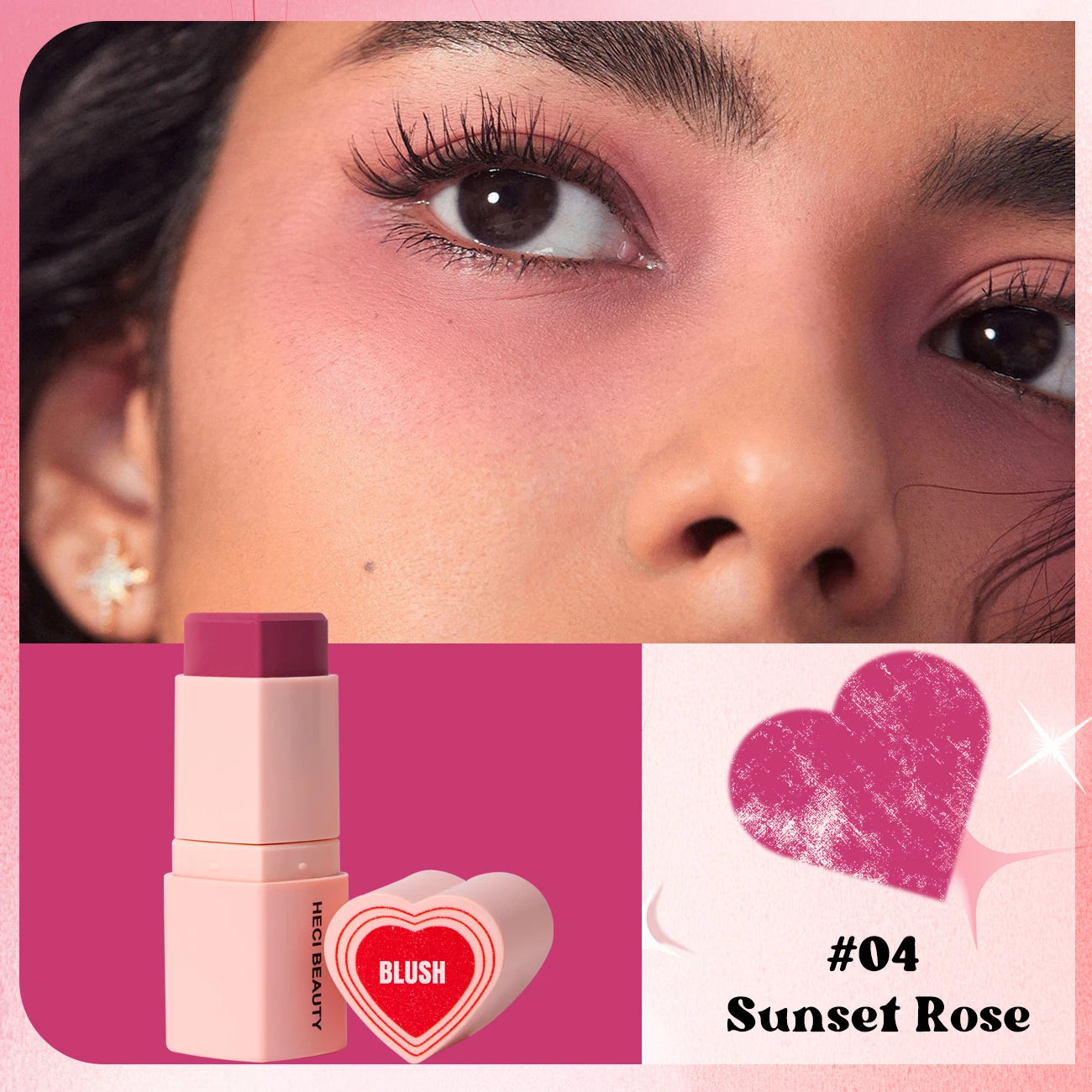 Heart Shape Vegan Creamy Blush Stick Matte Silky Waterproof Pink Blush Cream Makeup Stick High Pigment  3in1 Lip Eye Cheek Tint