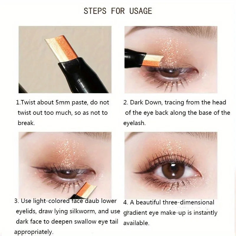 Glitter Double Color Gradient Eyeshadow Stick Pencil Two Tone Shimmer Metallic Lazy Eye Shadow Pen Waterproof 2 in 1 Eye Makeup