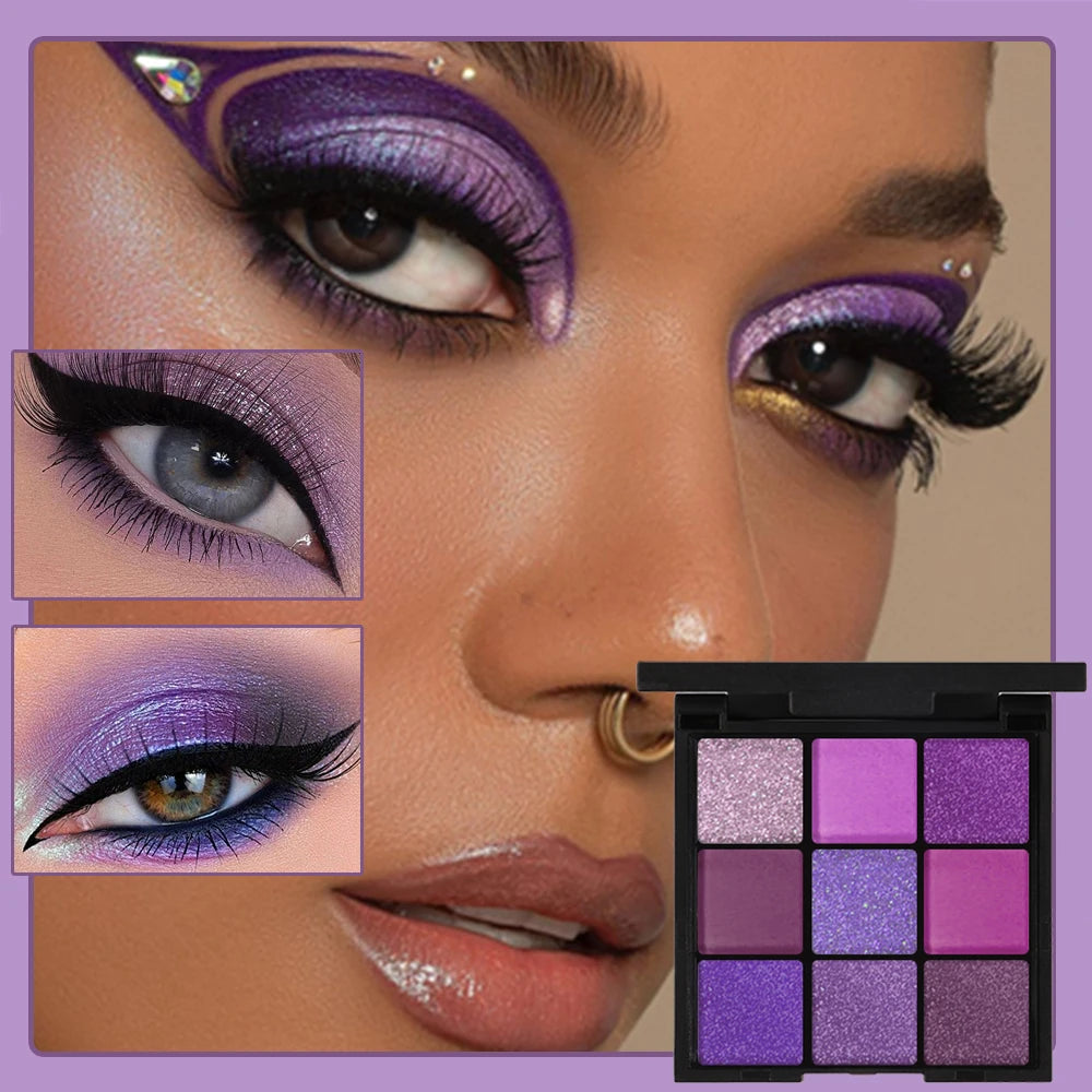 9 Colors Glitter Eyeshadow Palette Purple Shimmer Pearlescent Matte Acrylic Eye Shadows Palette Waterproof Eye Make Up