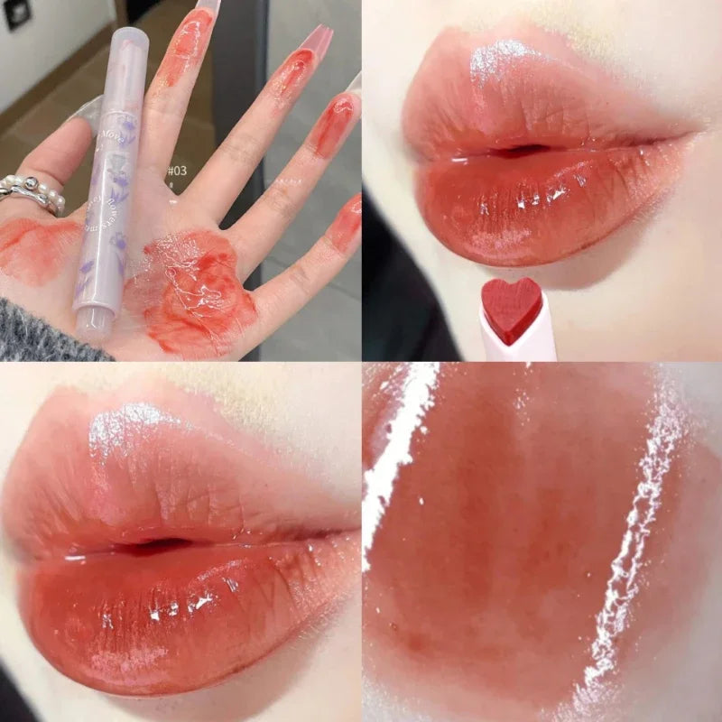 Clear Water Light Solid Lip Gloss Jelly Pink Lip Tint Mirror Glass Lip Glaze Heart-shaped Moisturising Lipstick Pencil Makeup