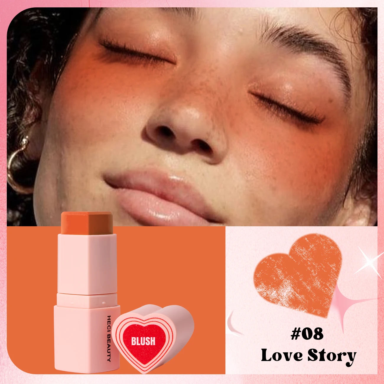 Heart Shape Vegan Creamy Blush Stick Matte Silky Waterproof Pink Blush Cream Makeup Stick High Pigment  3in1 Lip Eye Cheek Tint