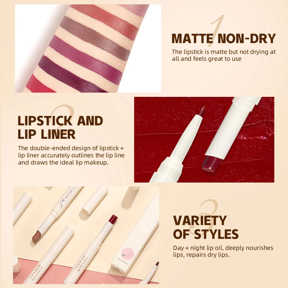 QIBEST 2 In 1 Matte Lipstick Pencil Waterproof Lip Liner Makeup Contour Tint Sexy Red Long Lasting Lipliner Lips Pencil Cosmetic